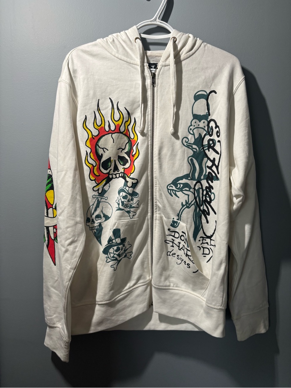 White Ed hardy skull Y2K dagger design zip up hoodie